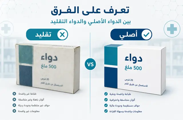رسم توعوي يوضح مؤشرات عامة عند مقارنة عبوة دواء سليمة ظاهريًا بعبوة تحمل علامات تستدعي الحذر