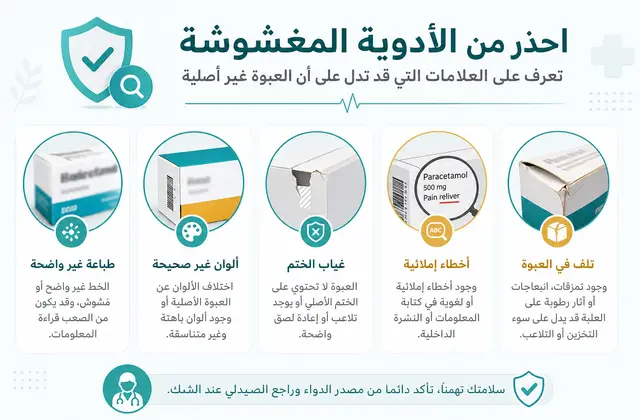 رسم توعوي يوضح علامات تحذيرية عامة على الأدوية والعبوات المشبوهة